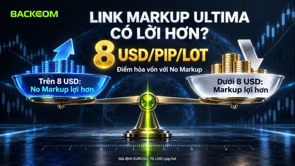 Link Markup Ultima có lời hơn: điểm hòa vốn 8 USD/pip/lot, giá trị pip trên 8 USD thì No Markup lợi hơn, dưới 8 USD thì Markup lợi hơn trên giấy