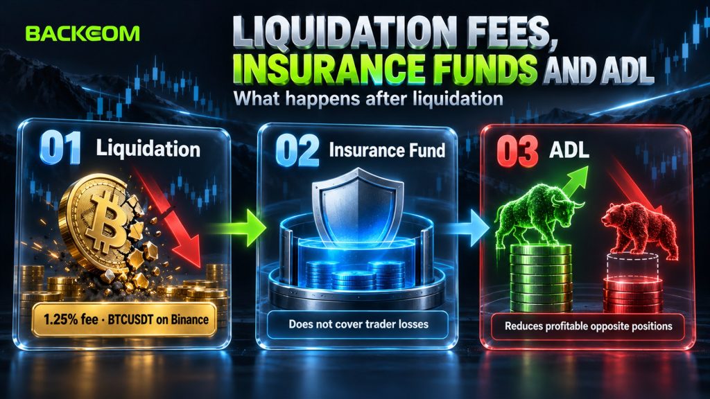 After liquidation: a 1.25% BTCUSDT liquidation fee on Binance, an insurance fund that does not cover trader losses, and ADL reducing profitable opposite positions