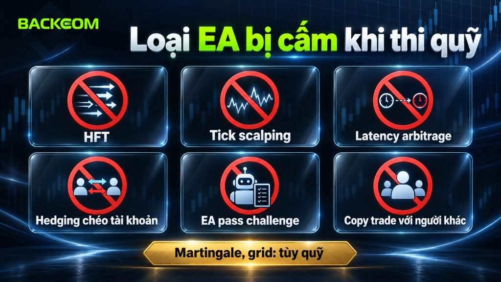 Loại EA bị cấm khi thi quỹ: HFT, tick scalping, latency arbitrage, hedging chéo tài khoản, EA pass challenge và copy trade với người khác