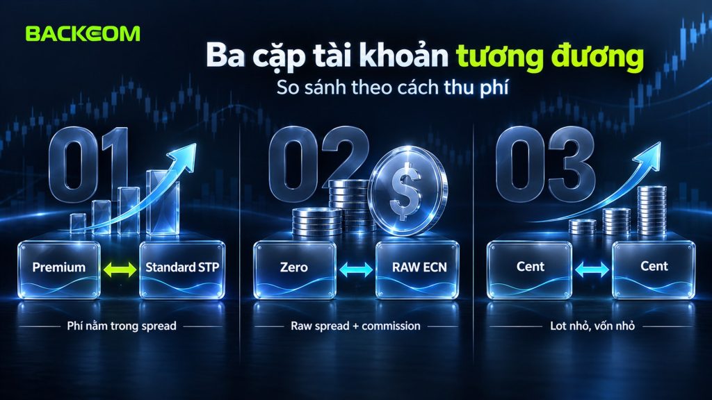 Ba cặp tài khoản tương đương của HFM và Vantage: Premium với Standard STP, Zero với RAW ECN, Cent với Cent