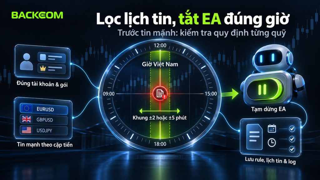 Lọc lịch kinh tế theo giờ Việt Nam, xác định khung ±2 hoặc ±5 phút và tạm dừng EA trước giờ tin mạnh để không vi phạm