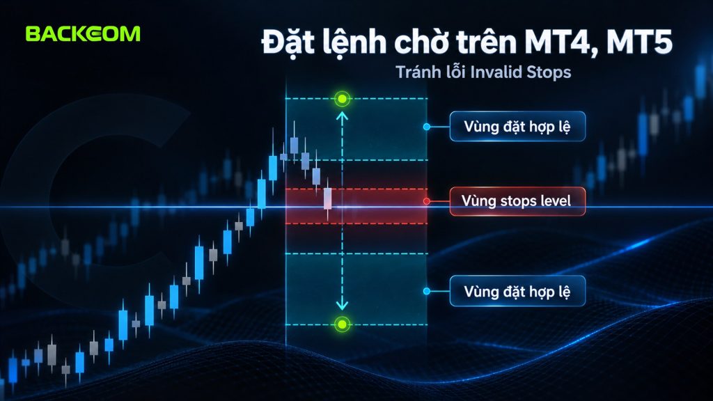 Các loại lệnh trong forex và lỗi Invalid Stops: vùng stops level quanh giá hiện tại không đặt được lệnh chờ, ví dụ giả định 50 point bằng 0,50 USD