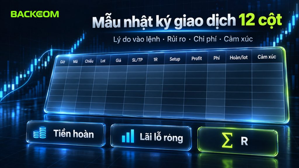 Mẫu nhật ký giao dịch 12 cột gồm giờ, mã, chiều, lot, giá, SL/TP, 1R, setup, Profit, phí, hoàn mỗi lot, cảm xúc và 3 cột công thức tiền hoàn, lãi lỗ ròng, R
