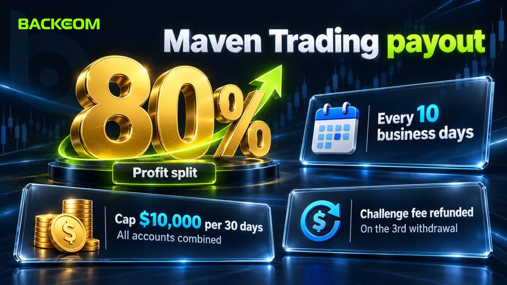 Maven Trading payout: 80% split every 10 business days, a $10,000 cap per 30 days and the challenge fee refunded on the third withdrawal