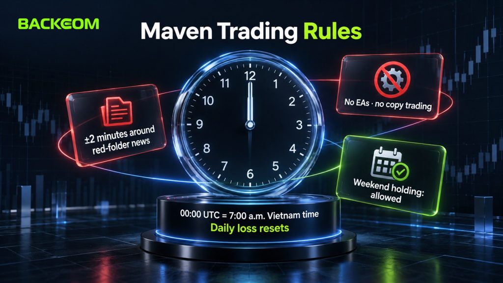Maven Trading rules: daily loss resets at 00:00 UTC, no trading 2 minutes around red-folder news, no EAs or copy trading