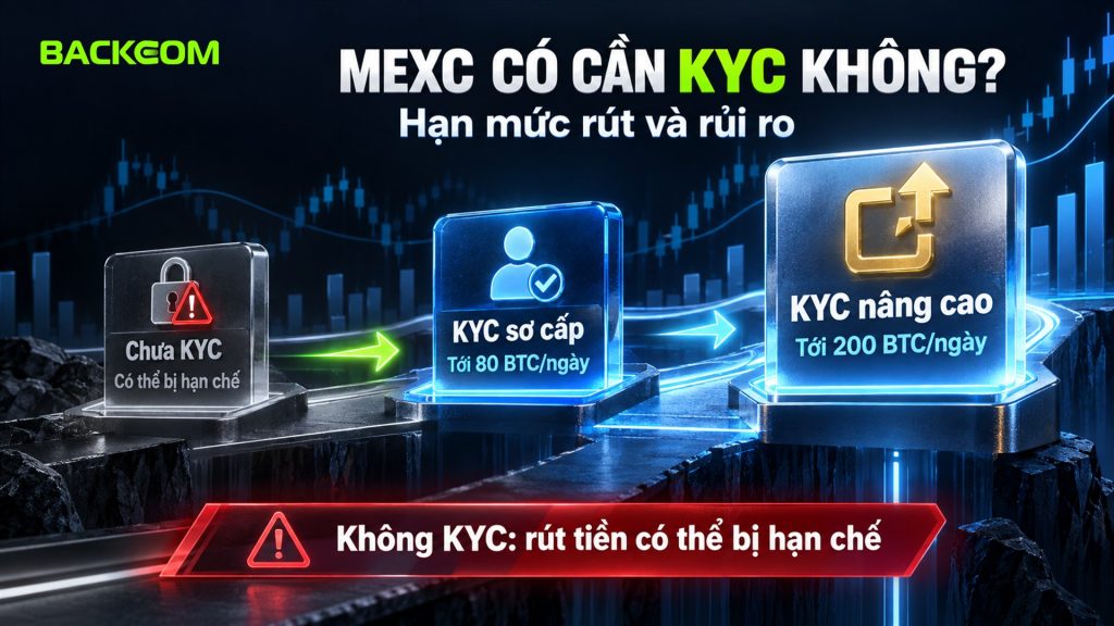 MEXC có cần KYC không: chưa KYC có thể bị hạn chế, KYC sơ cấp tới 80 BTC mỗi ngày, KYC nâng cao tới 200 BTC mỗi ngày theo điều kiện