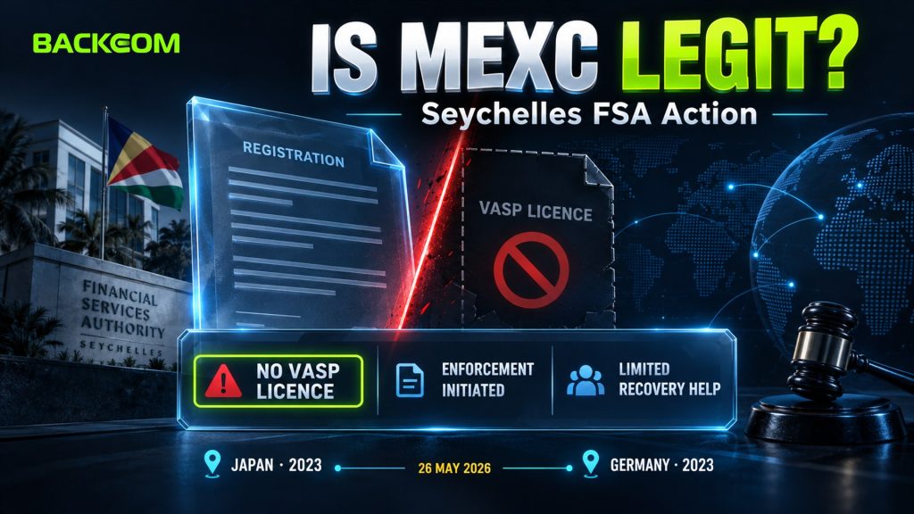 Is MEXC legit: the Seychelles FSA says MX Global Ltd held no VASP licence, after warnings in Japan in 2023 and Germany in 2023