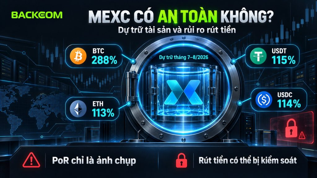 MEXC có an toàn không: dự trữ tự công bố kỳ 7–8/2026 BTC 288%, USDT 115%, USDC 114%, ETH 113% nhưng PoR chỉ là ảnh chụp và rút tiền có thể bị kiểm soát