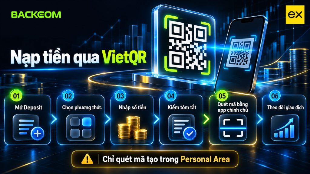 Nạp rút tiền Exness qua VietQR: mở Deposit, chọn phương thức, nhập số tiền, kiểm tóm tắt, quét mã bằng app ngân hàng chính chủ, theo dõi giao dịch