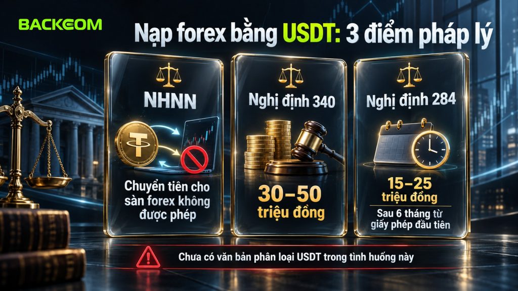 Nạp tiền sàn forex bằng USDT và pháp lý: NHNN coi chuyển tiền cho sàn forex không được phép, Nghị định 340 phạt 30–50 triệu, Nghị định 284 phạt 15–25 triệu sau 6 tháng từ giấy phép đầu tiên