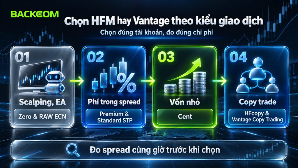 Chọn cặp tài khoản HFM và Vantage theo kiểu giao dịch: scalping và EA, phí trong spread, vốn nhỏ, copy trade