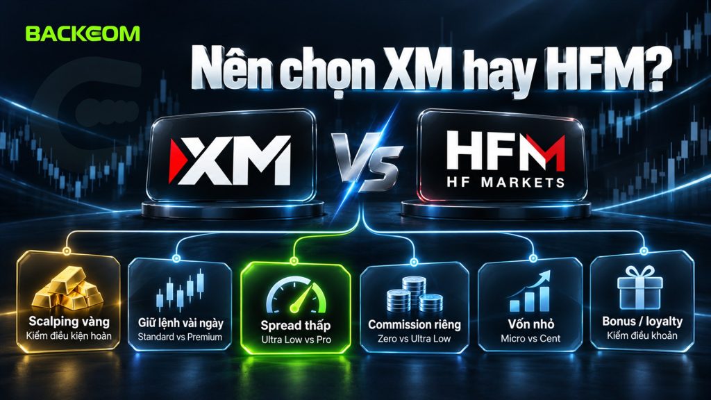 So sánh XM và HFM theo kiểu giao dịch: scalping vàng, giữ lệnh vài ngày, spread thấp, commission riêng, vốn nhỏ, bonus và loyalty