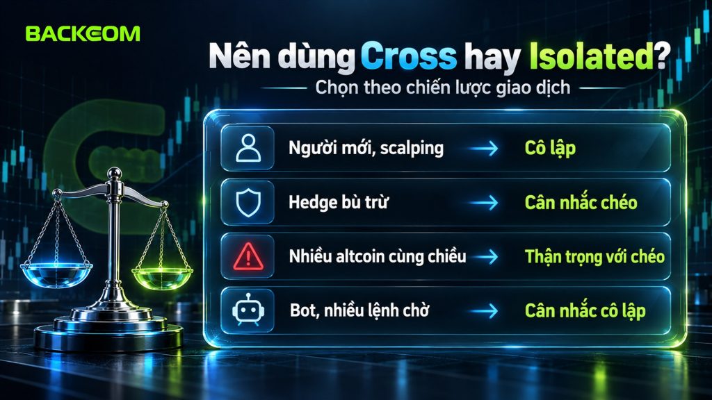 Nên dùng cross hay isolated: người mới và scalping dùng cô lập, hedge bù trừ cân nhắc chéo, nhiều altcoin cùng chiều thận trọng với chéo
