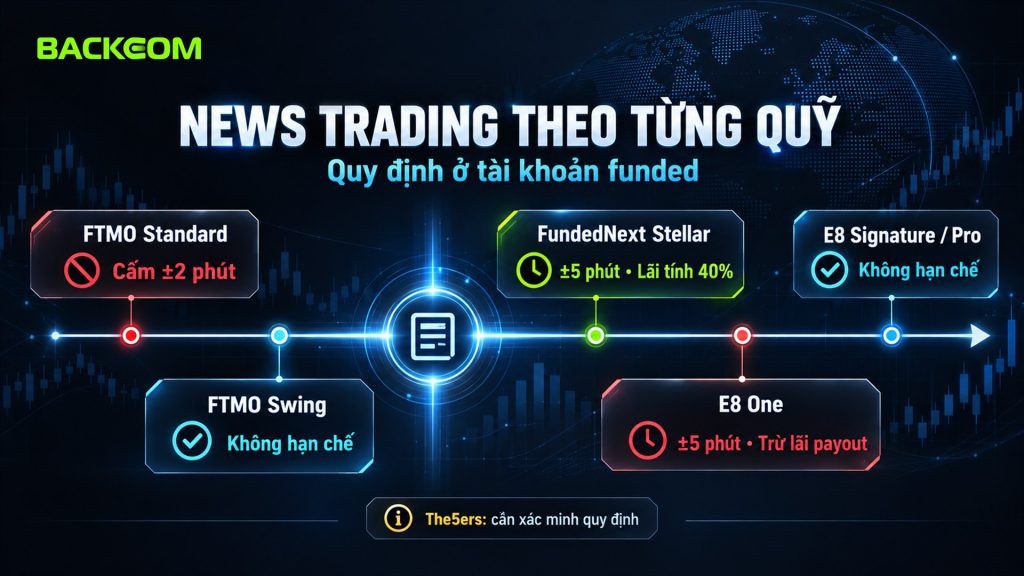 Quy định news trading prop firm ở tài khoản funded: FTMO Standard cấm ±2 phút, FTMO Swing không hạn chế, FundedNext Stellar ±5 phút lãi tính 40%, E8 One ±5 phút trừ lãi khi payout