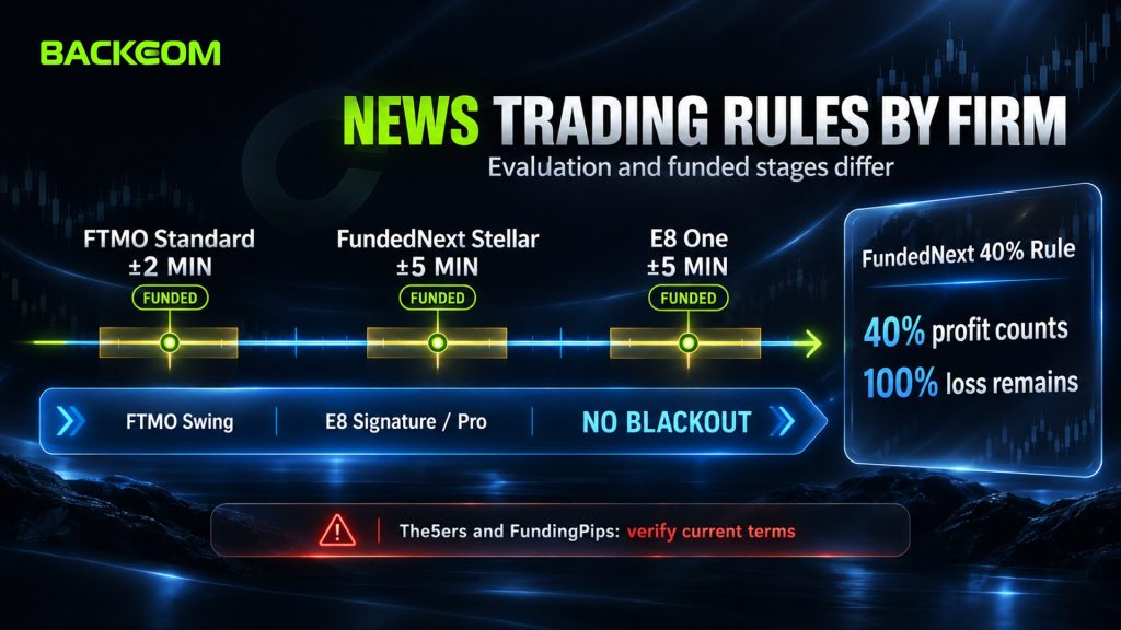 Prop firm news trading rules by firm: FTMO Standard ±2 minutes, FundedNext Stellar and E8 One ±5 minutes on funded accounts, while FTMO Swing and E8 Signature or Pro have no blackout