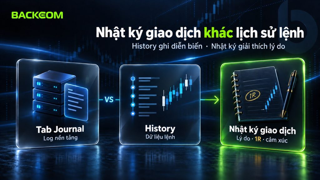 Nhật ký giao dịch khác tab Journal và lịch sử lệnh MT5: Journal là log nền tảng, History là dữ liệu lệnh, nhật ký ghi lý do, 1R và cảm xúc