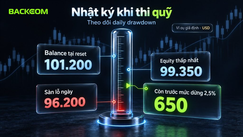 Nhật ký giao dịch khi thi quỹ: ví dụ giả định balance tại reset 101.200 USD, sàn lỗ ngày 96.200 USD, equity thấp nhất 99.350 USD, còn 650 USD trước mức dừng tự đặt