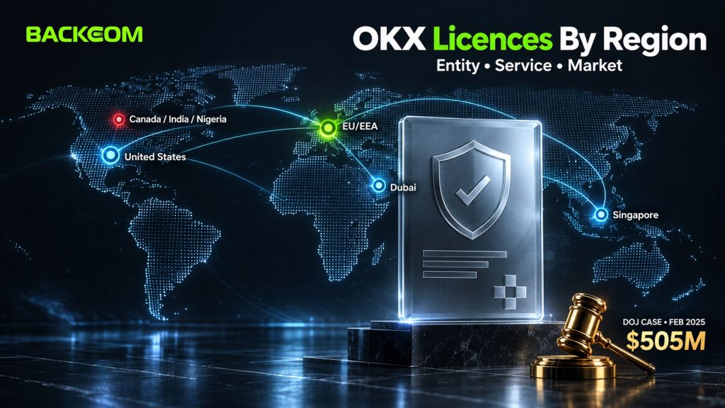 OKX licences by region: EU/EEA MiCA, Singapore MAS, Dubai VARA, a phased U.S. launch and the February 2025 DOJ case of about $505 million