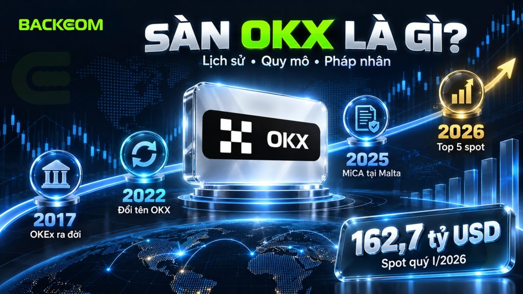 Sàn OKX có uy tín không: ra đời 2017 với tên OKEx, đổi tên 2022, giấy phép MiCA tại Malta 2025, top 5 spot với 162,7 tỷ USD quý I/2026