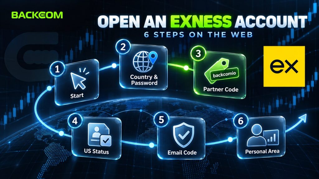 How to open an Exness account on the web in 6 steps: start, country and password, partner code backcomio, US status, email code, Personal Area