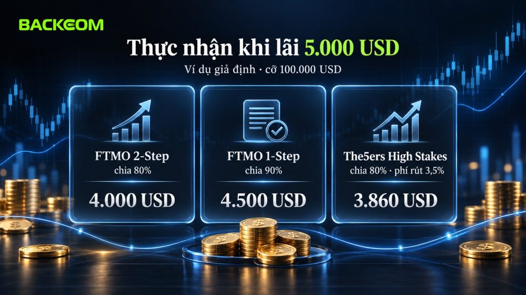So sánh FTMO và The5ers về payout khi lãi giả định 5.000 USD: FTMO 2-Step nhận 4.000, FTMO 1-Step 4.500, The5ers High Stakes 3.860 USD sau phí rút 3,5%