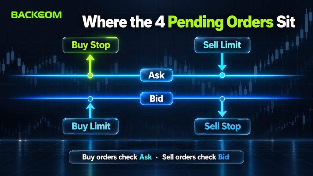 Forex order types: Buy Stop and Sell Limit sit above the current price, Buy Limit and Sell Stop sit below it, buy orders check Ask and sell orders check Bid