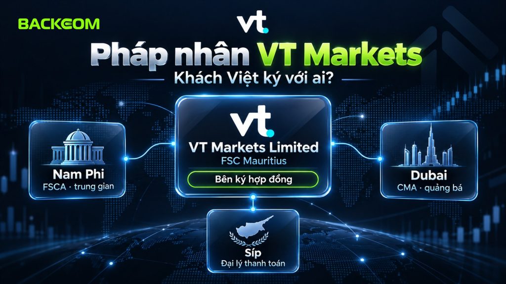 VT Markets có uy tín không xét theo pháp nhân: VT Markets Limited FSC Mauritius là bên ký hợp đồng, pháp nhân Nam Phi FSCA trung gian, Dubai CMA quảng bá, Síp đại lý thanh toán