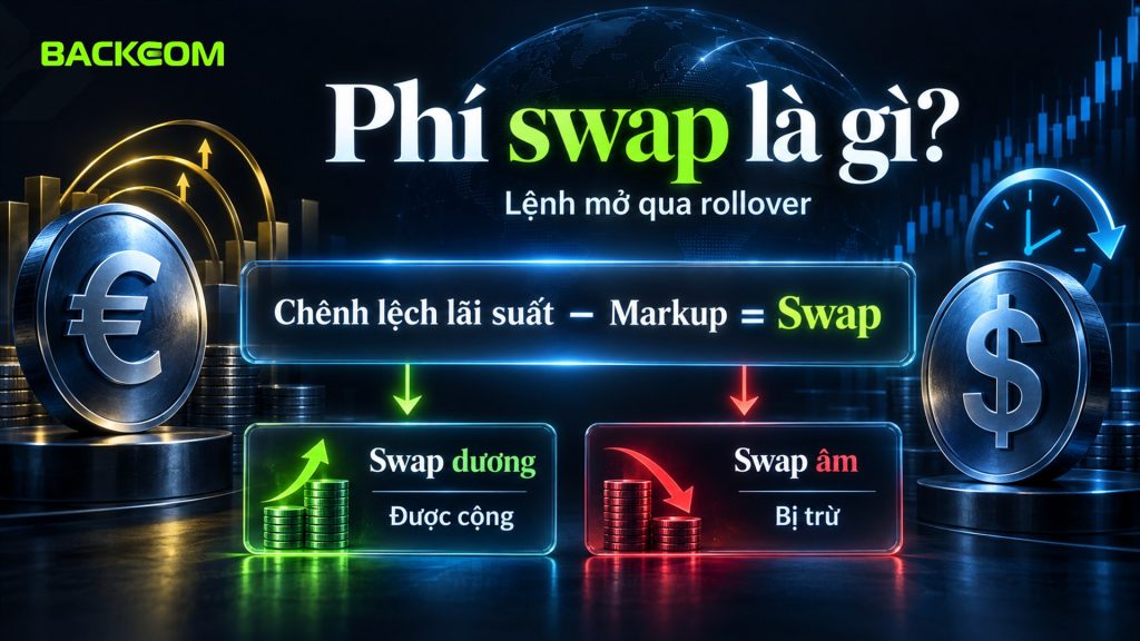 Phí swap là gì: swap âm và swap dương đến từ chênh lệch lãi suất hai đồng tiền trừ markup của sàn, ví dụ giả định Buy EURUSD −4,20 USD và Sell +4,20 USD mỗi đêm