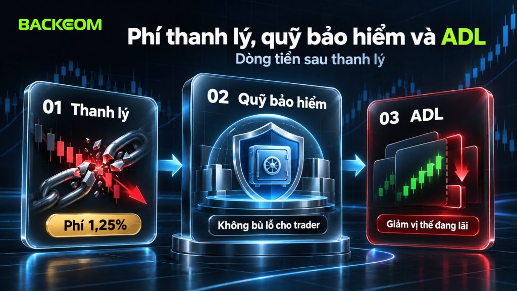 Sau thanh lý: phí thanh lý BTCUSDT 1,25% trên Binance, quỹ bảo hiểm bù thiếu hụt nhưng không bù lỗ cho trader, ADL giảm vị thế đang lãi