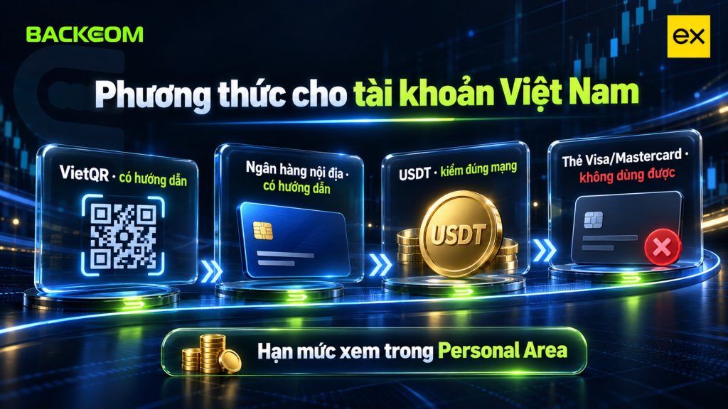 Nạp rút tiền Exness cho tài khoản Việt Nam: VietQR và chuyển khoản ngân hàng nội địa có hướng dẫn, thẻ Visa Mastercard không dùng được, hạn mức xem trong Personal Area
