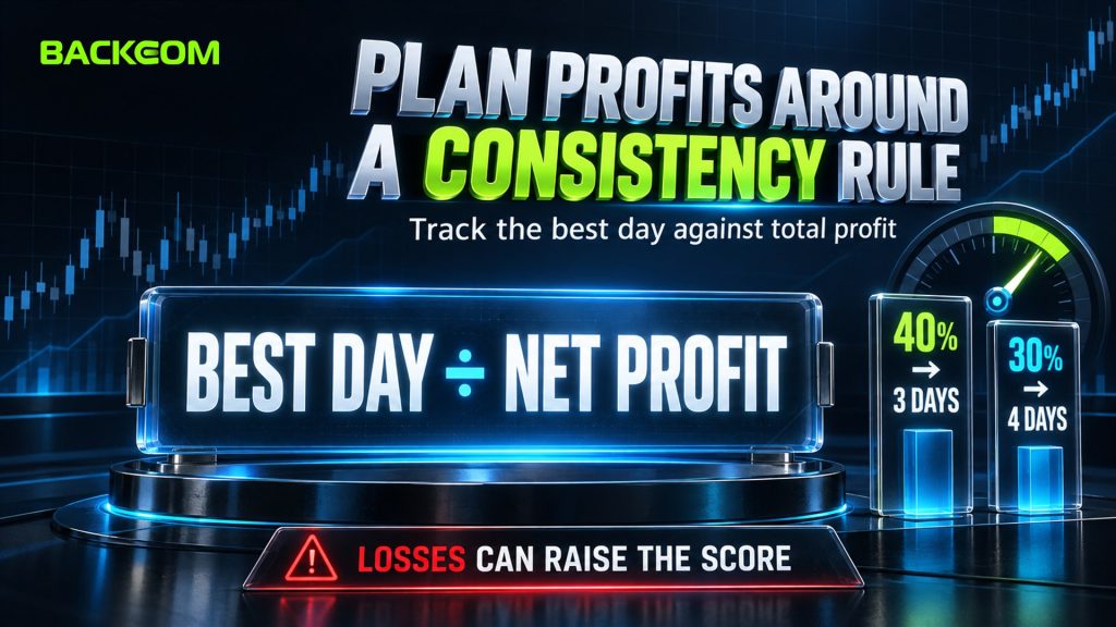 Plan profits around a consistency rule by tracking best day against net profit: a 40% limit needs at least 3 equal days, 30% needs 4, and losses can raise the score