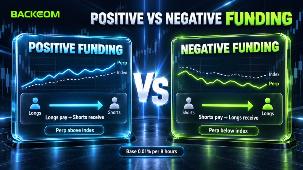 Positive funding rate means longs pay shorts; negative funding rate means shorts pay longs; base rate 0.01% per 8 hours