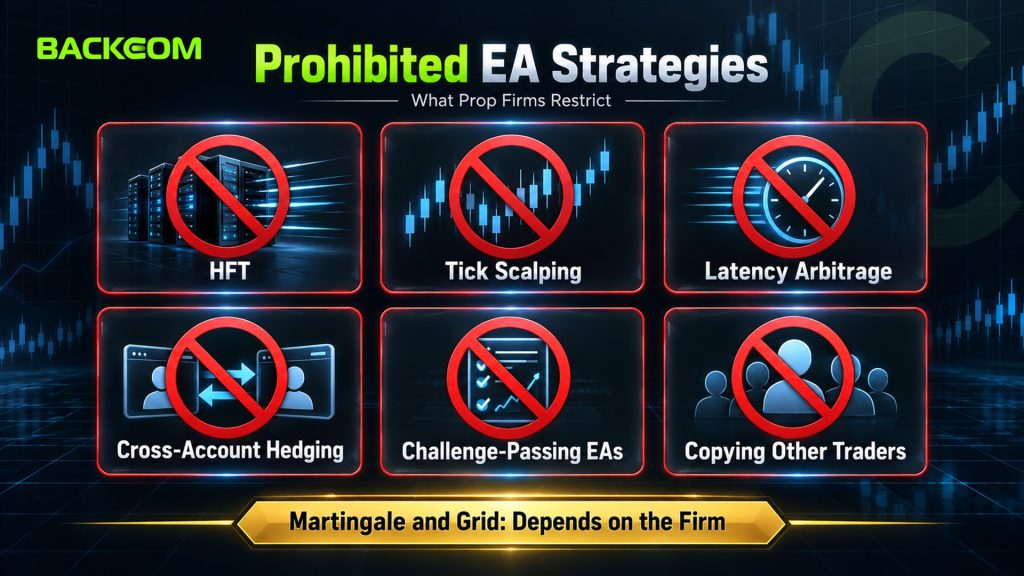 Prohibited EA strategies in prop firm challenges: HFT, tick scalping, latency arbitrage, cross-account hedging, challenge-passing EAs and copying other traders