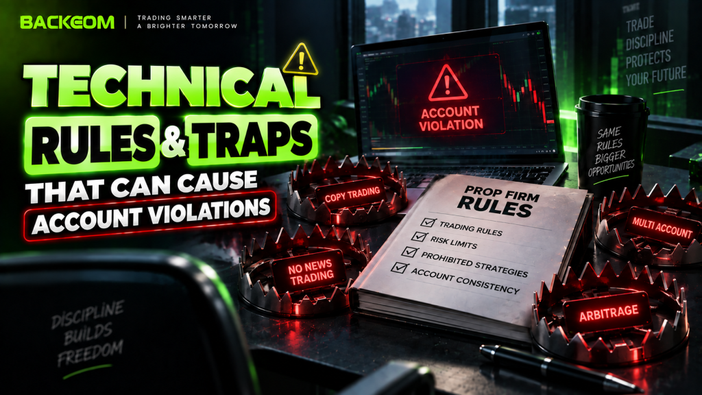 Rules and technical traps that breach a prop firm challenge account: news trading bans, copy trading, arbitrage and multiple accounts