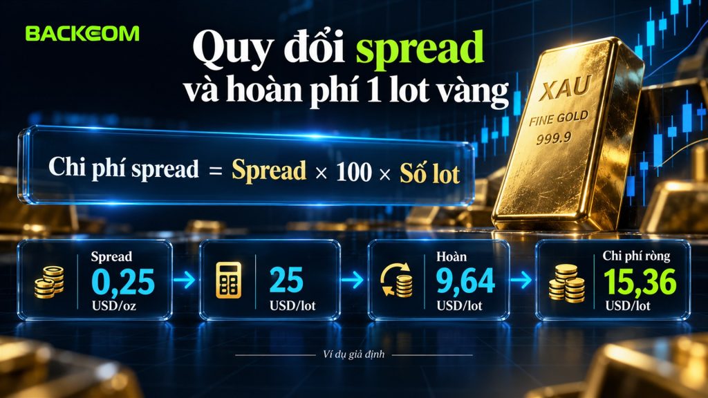 Cách tính pip vàng khi quy đổi chi phí: spread giả định 0,25 USD/oz bằng 25 USD mỗi lot, trừ hoàn 9,64 USD còn 15,36 USD mỗi lot