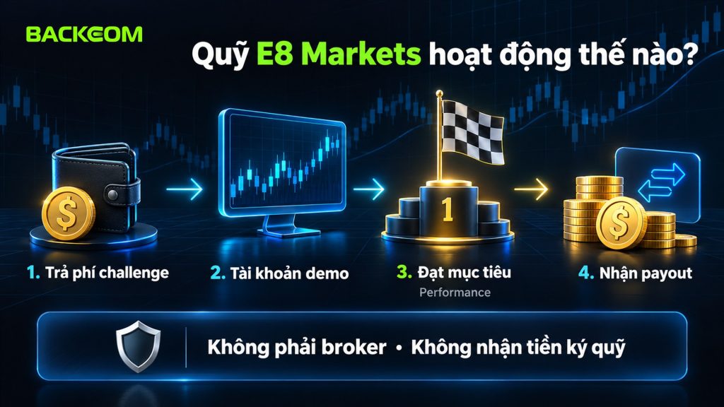 Quỹ E8 Markets là gì: trader trả phí challenge, giao dịch trên tài khoản demo mô phỏng rồi nhận payout qua Rise hoặc WorkMarket