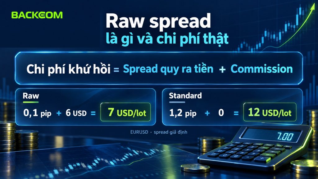 Raw spread là gì: chi phí khứ hồi bằng spread quy ra tiền cộng commission, ví dụ Raw 0,1 pip cộng 6 USD bằng 7 USD/lot so với Standard 12 USD/lot