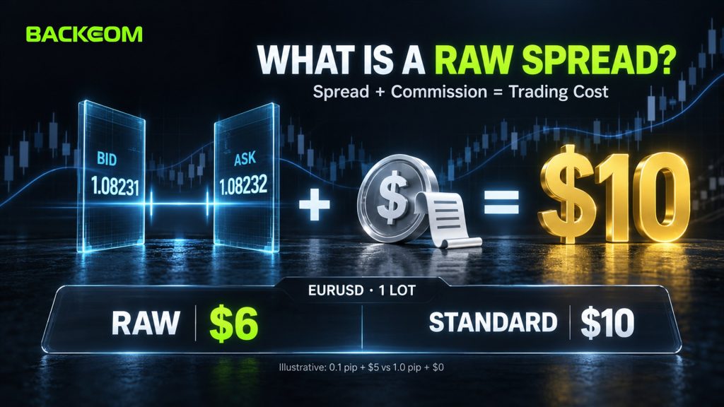 What is a raw spread: round-turn cost equals the spread in money plus commission, an illustrative 0.1 pip plus $5 totals $6 versus $10 on a 1.0-pip Standard account