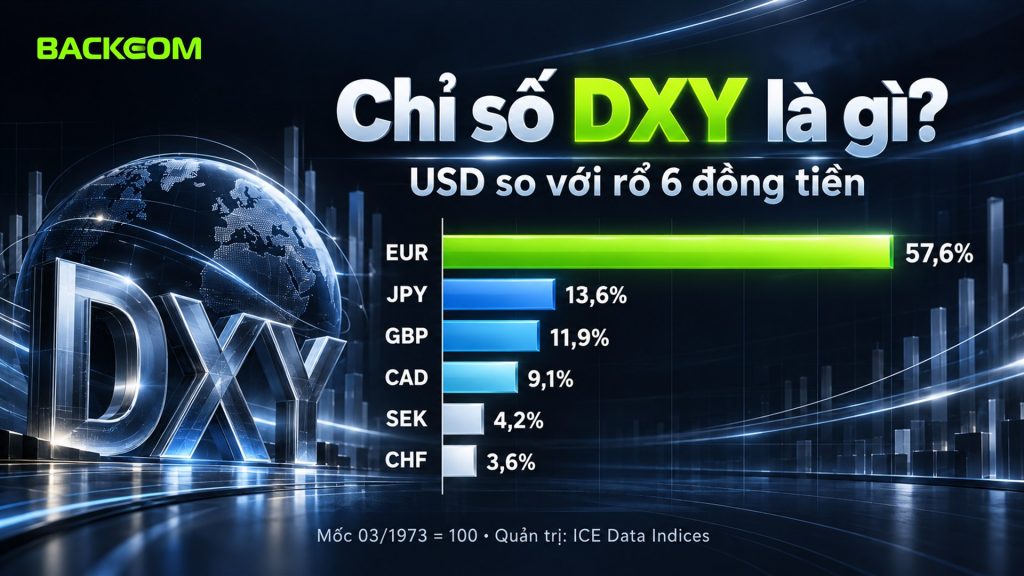 Chỉ số DXY là gì: rổ tiền tệ DXY gồm EUR 57,6%, JPY 13,6%, GBP 11,9%, CAD 9,1%, SEK 4,2% và CHF 3,6%
