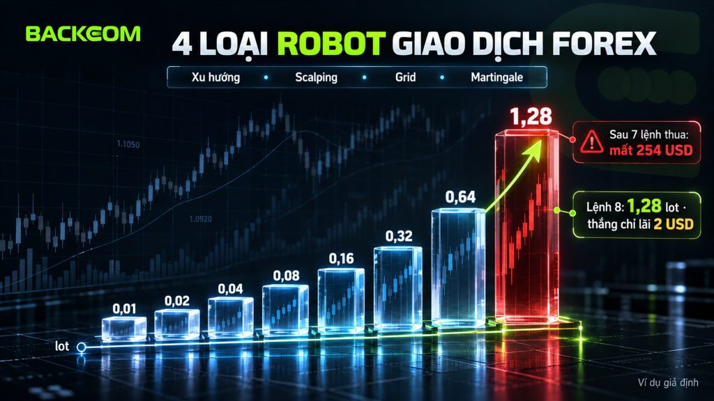 Robot giao dịch forex martingale gấp đôi lot từ 0,01 đến 1,28: sau 7 lệnh thua mất 254 USD, lệnh 8 thắng chỉ lãi 2 USD