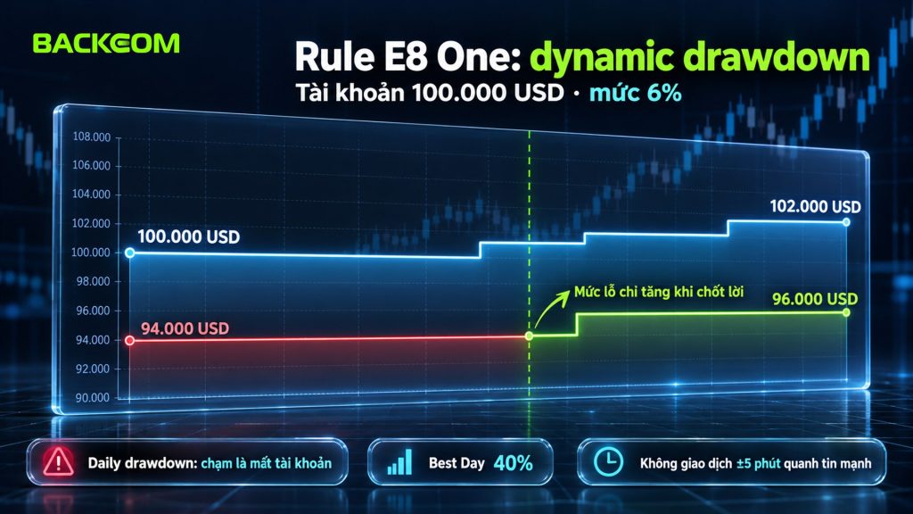 Rule E8 One: mức lỗ dynamic drawdown 6% của tài khoản 100.000 USD tăng từ 94.000 lên 96.000 USD khi chốt lời lên 102.000 USD