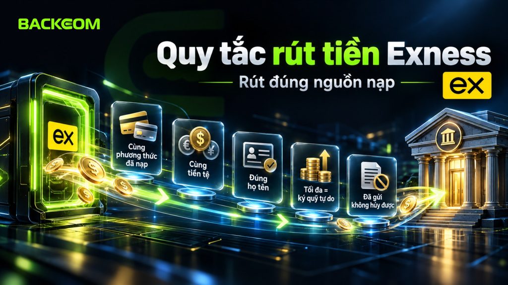 Nạp rút tiền Exness và quy tắc rút: cùng phương thức đã nạp, cùng tiền tệ, đúng họ tên, tối đa bằng ký quỹ tự do, lệnh rút đã gửi không hủy được