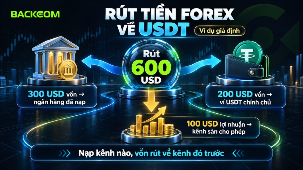 Rút tiền từ sàn forex 600 USD: 300 USD vốn về ngân hàng đã nạp, 200 USD vốn về ví USDT chính chủ, 100 USD lợi nhuận theo kênh sàn cho phép