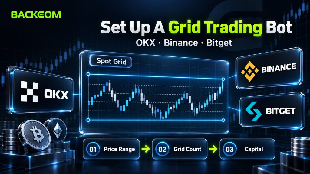How to set up a grid trading bot on OKX, Binance and Bitget: choose the price range, set the grid count, then allocate capital