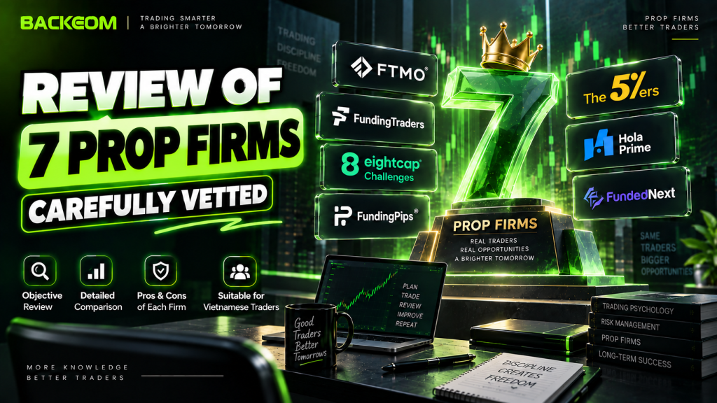 Seven prop firms reviewed: FTMO, FundingTraders, Eightcap Challenges, FundingPips, The5ers, Hola Prime and FundedNext