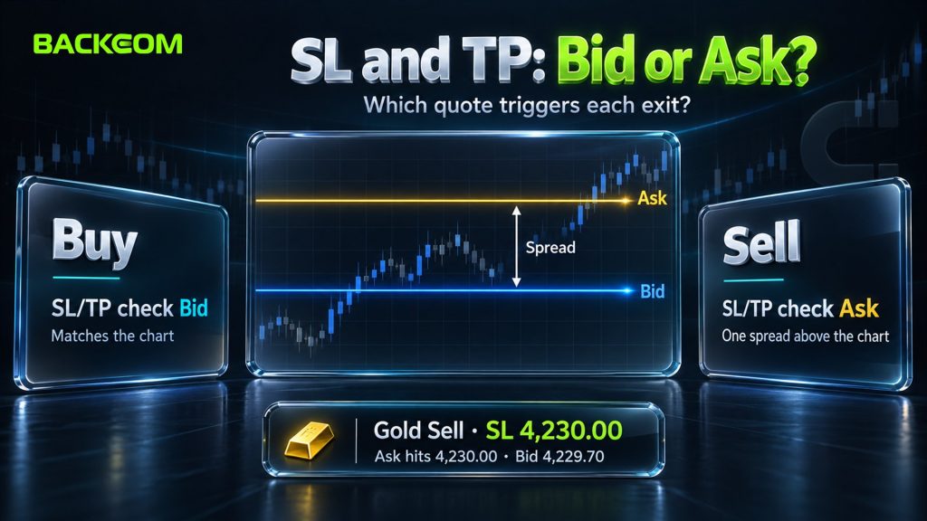 Forex order types and exits: Buy positions check Bid for SL and TP, Sell positions check Ask, hypothetical Sell SL at 4,230.00 triggers when Bid is 4,229.70