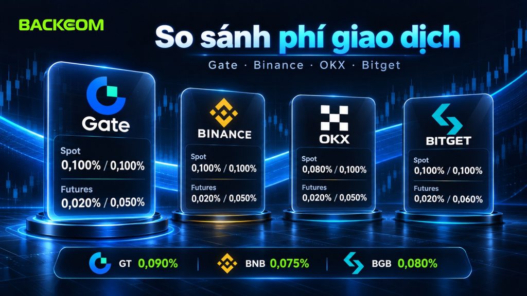 So sánh phí giao dịch Gate với Binance, OKX, Bitget: spot 0,100% ngang Binance, OKX maker 0,080%, futures taker Bitget 0,060%