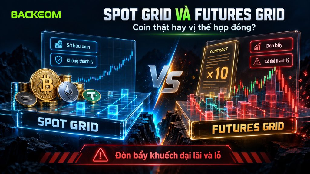 Spot grid sở hữu coin thật và không bị thanh lý, còn futures grid dùng vị thế hợp đồng có đòn bẩy nên có thể bị thanh lý