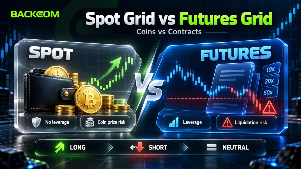 Spot grid bot vs futures grid bot: spot holds coins without leverage, while futures uses leveraged contracts with liquidation risk and Long, Short or Neutral modes