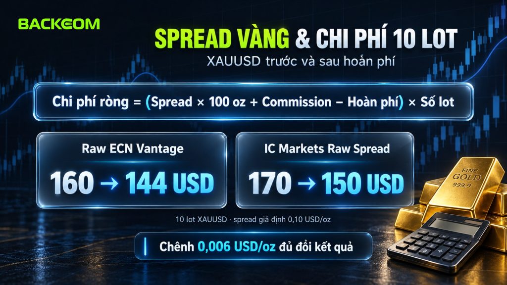 Spread vàng và chi phí 10 lot XAUUSD: Raw ECN Vantage 160 còn 144 USD, IC Markets Raw Spread 170 còn 150 USD sau hoàn phí với spread giả định 0,10 USD/oz
